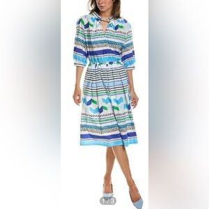 Piazza Sempione 1/2 Sleeve Anita Split V-neck Poplin Pleated Skirt Midi Dress